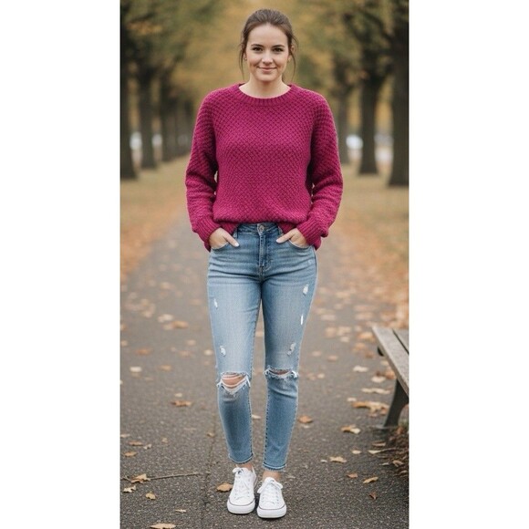 Zenana Women’s Hot Pink Popcorn Textured Sweater Cozy Soft Minimalist Dopamine S - Picture 2 of 9